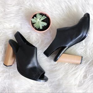 Leather and Wood Peep-Toe Slides